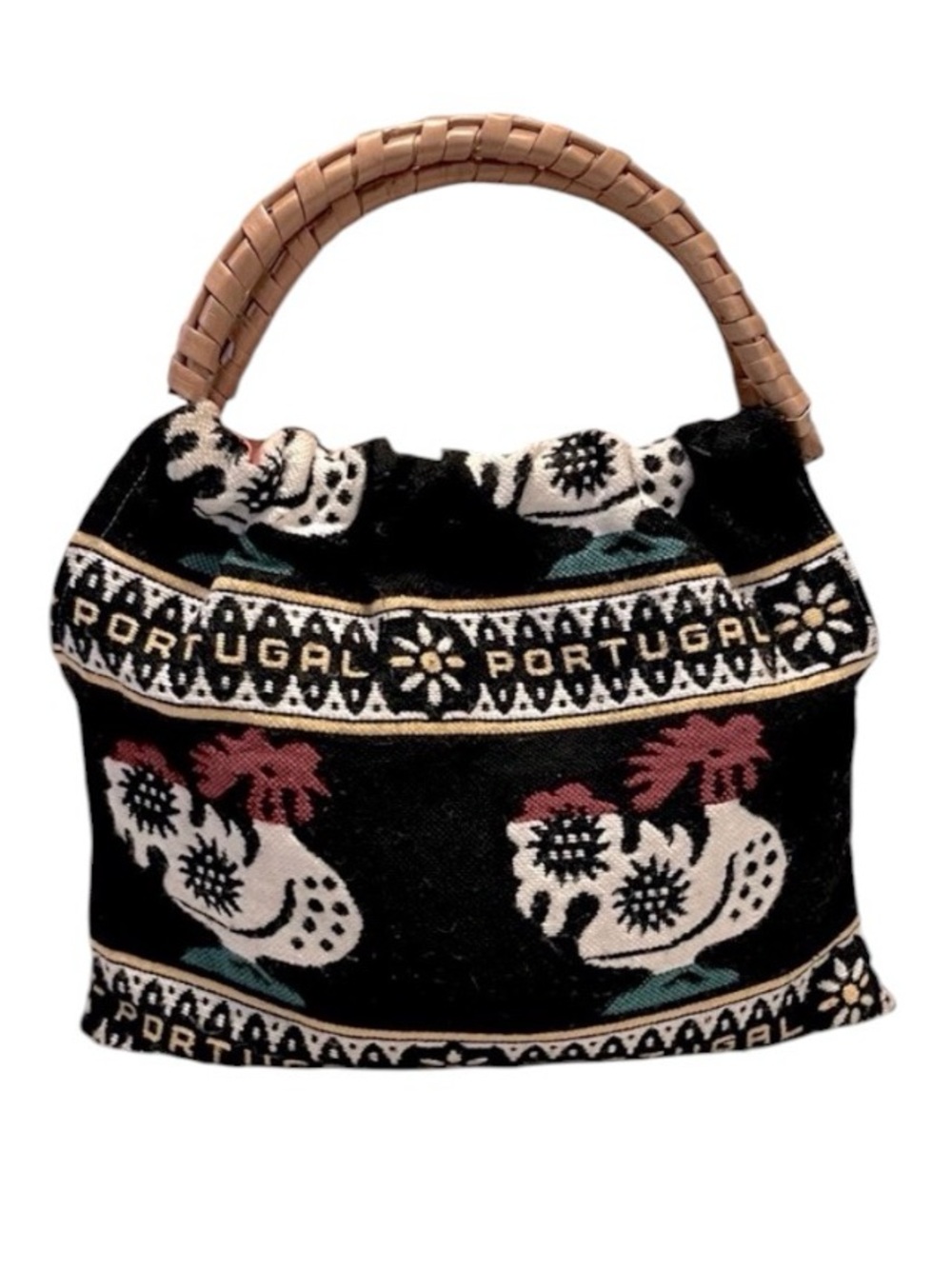Rooster Rug Fabric Tote Bamboo Handles